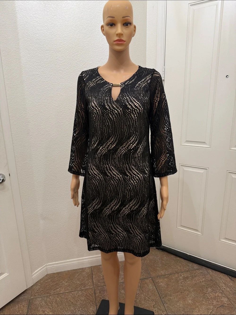 Haani Black Lace Midi Dress Nude Lining 3/4 Sleeve Peephole Metal Scoop Neck